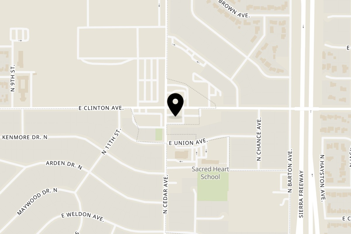 Map showing the location of Windfall Donuts on 2344 N Cedar Ave in Fresno